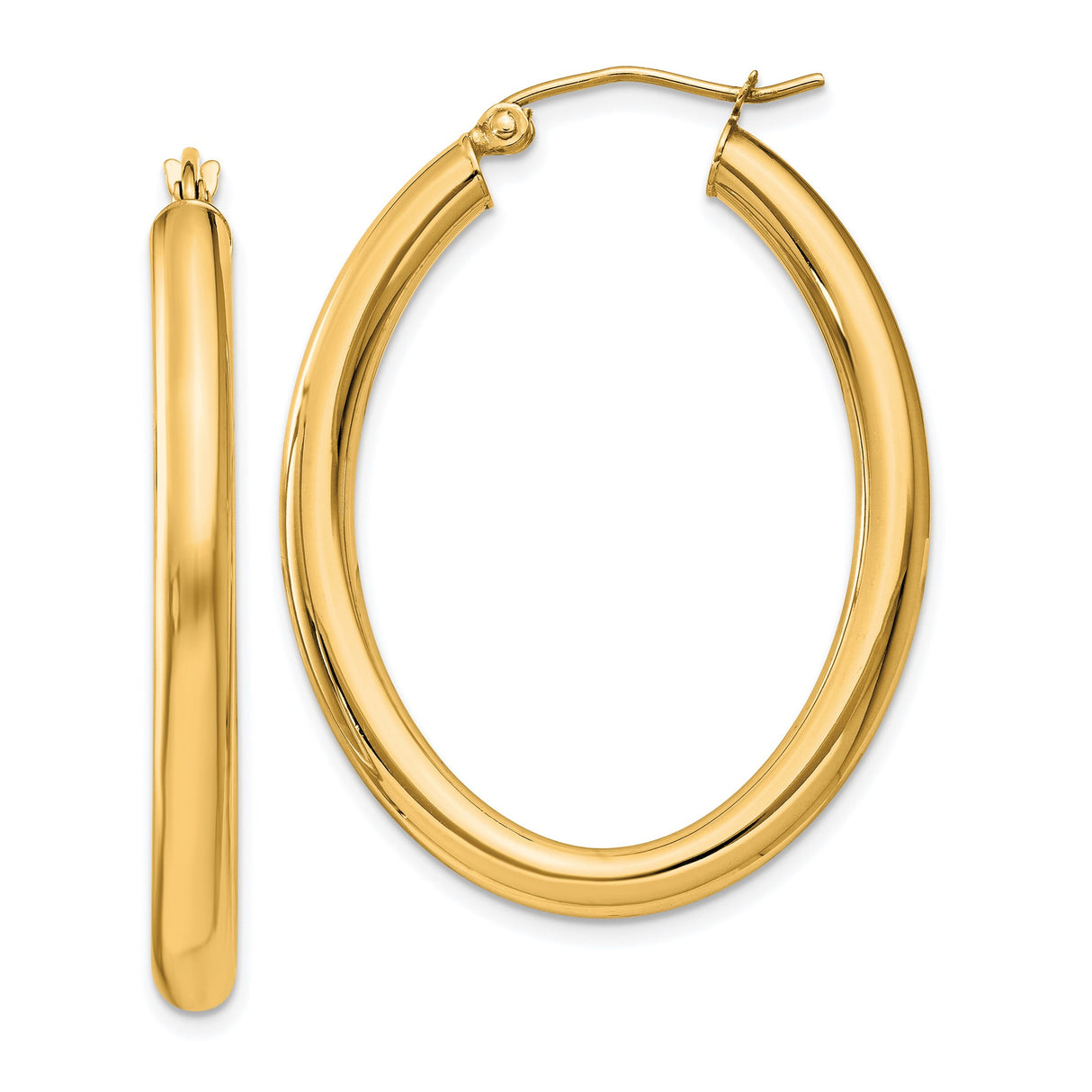 14k Yellow Gold Oval Tube Hoop Earrings, Polished Smooth Finish, Lightweight Classic Design