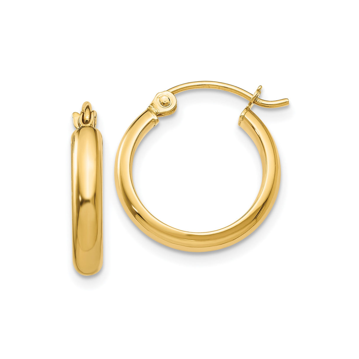 14k Yellow Gold Hoop Earrings, Polished Round Tube Hoops with Smooth Finish for Women