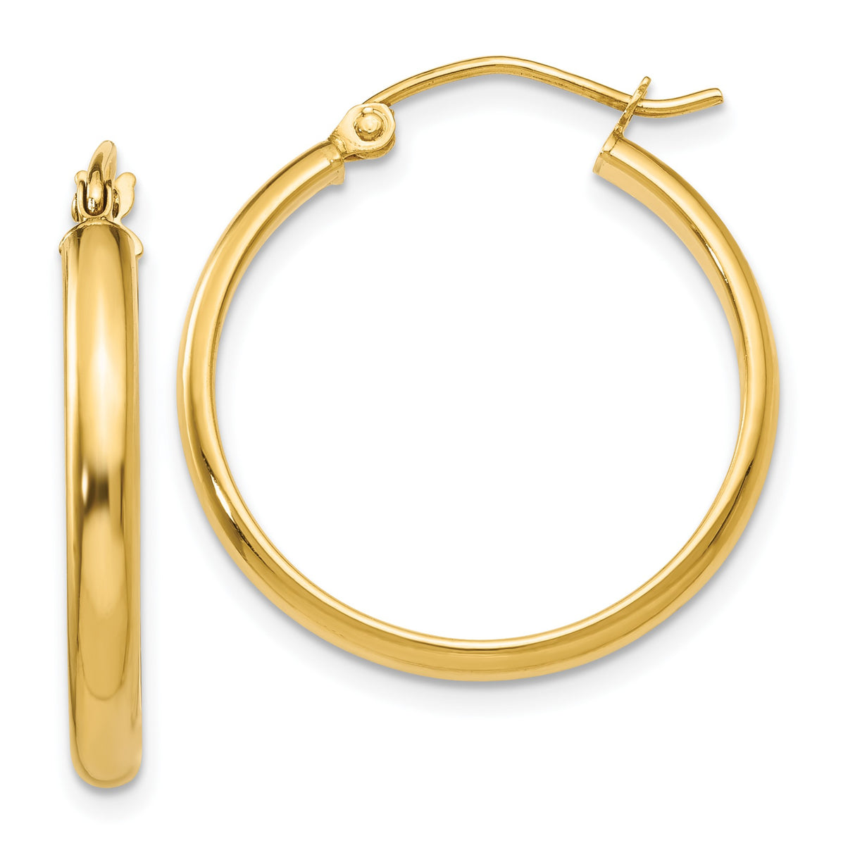 14k Yellow Gold Hoop Earrings, Classic Medium Round Tube with Hinge Closure, Polished Finish