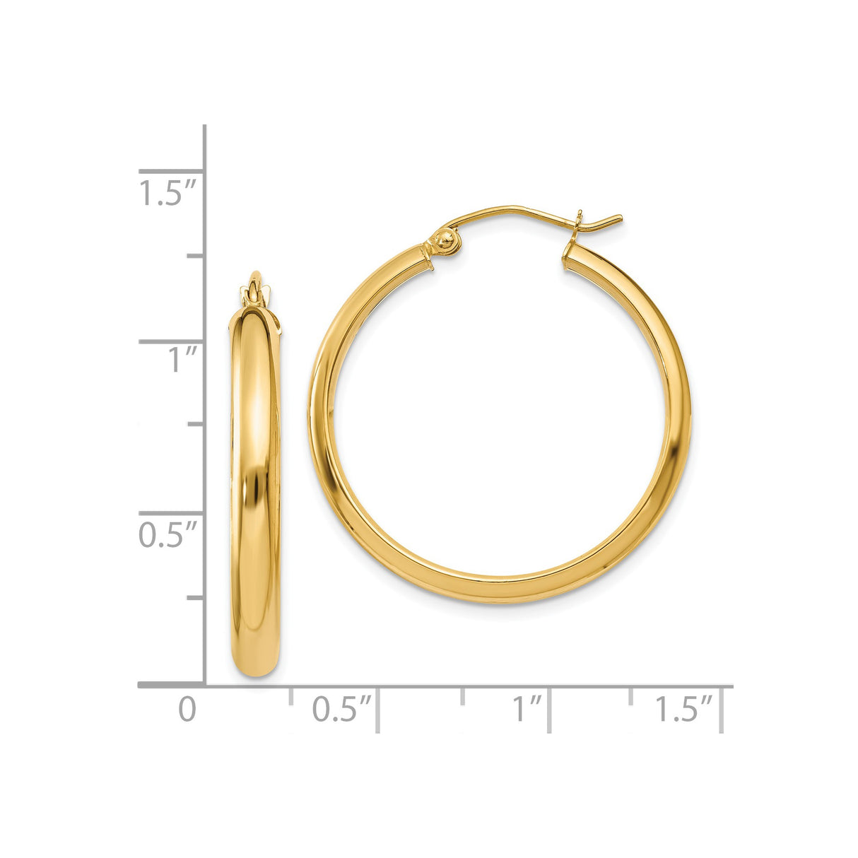 14k Yellow Gold Hoop Earrings, Classic Round Tube Design with Polished Finish, Latch Back Closure