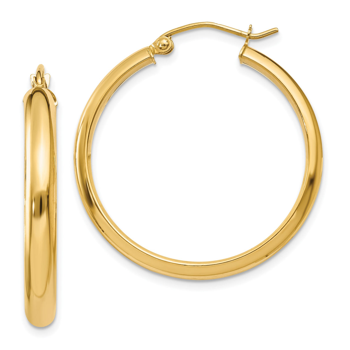 14k Yellow Gold Hoop Earrings, Classic Round Tube Design with Polished Finish, Latch Back Closure