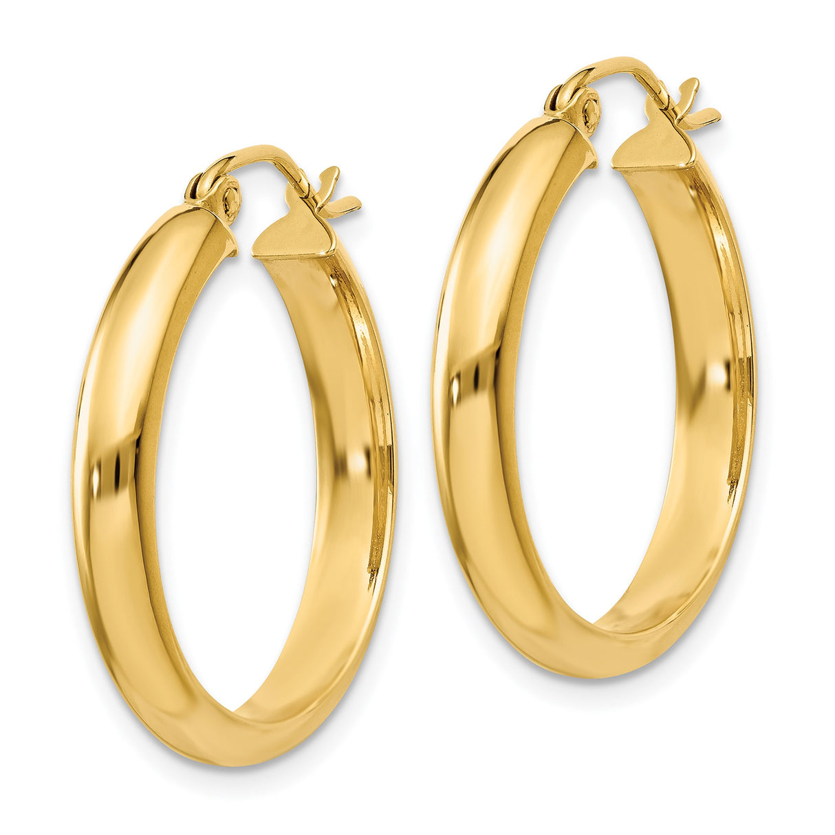 14k Yellow Gold Hoop Earrings, Smooth Finish Round Tube Design, Latch-Back Closure, Medium Size