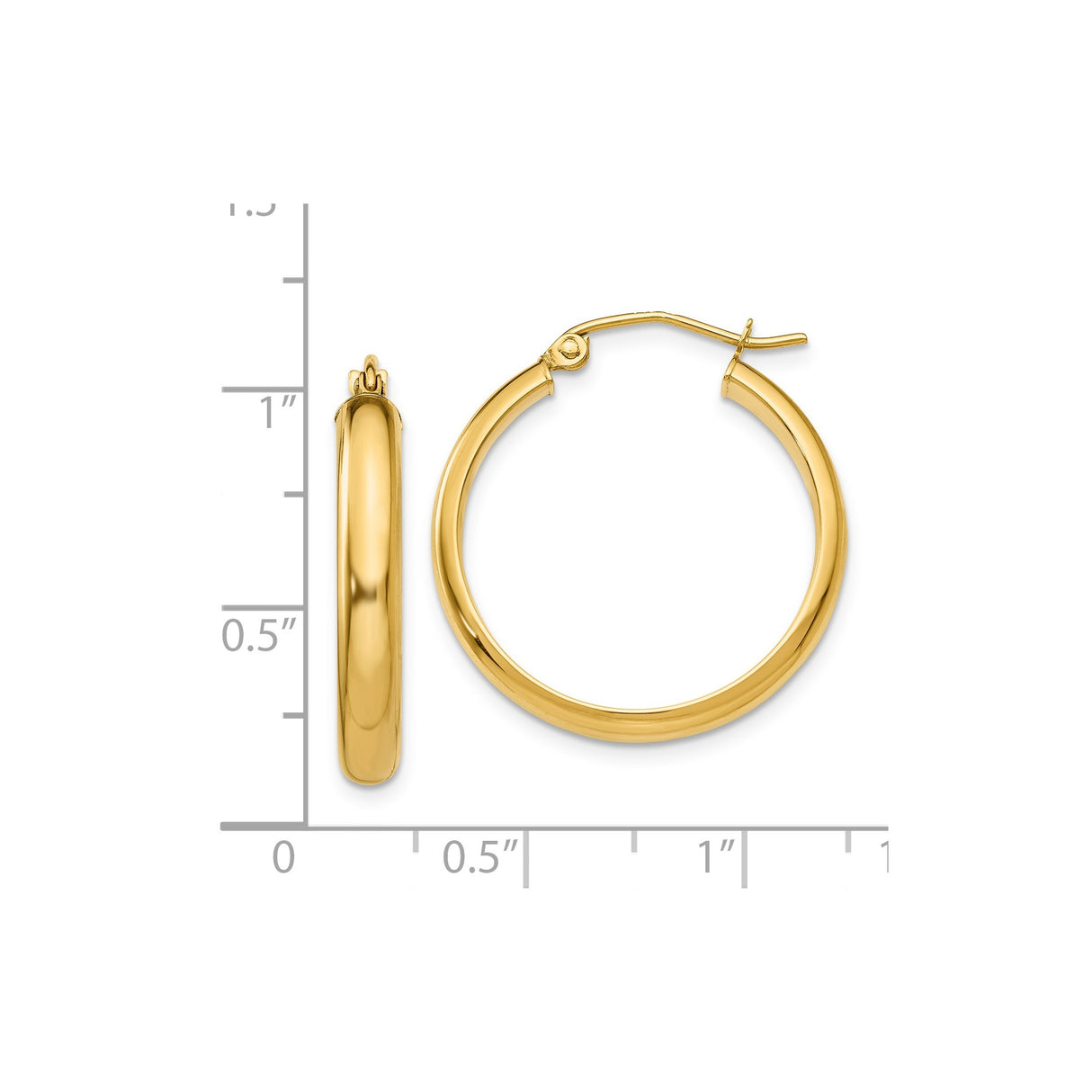 14k Yellow Gold Hoop Earrings, Smooth Finish Round Tube Design, Latch-Back Closure, Medium Size