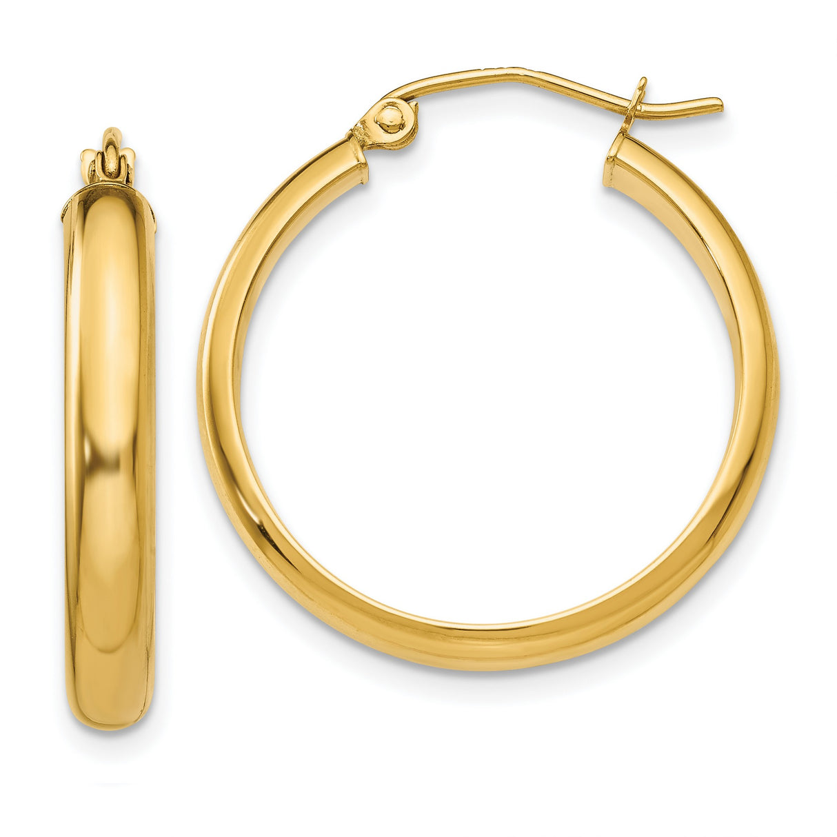 14k Yellow Gold Hoop Earrings, Smooth Finish Round Tube Design, Latch-Back Closure, Medium Size