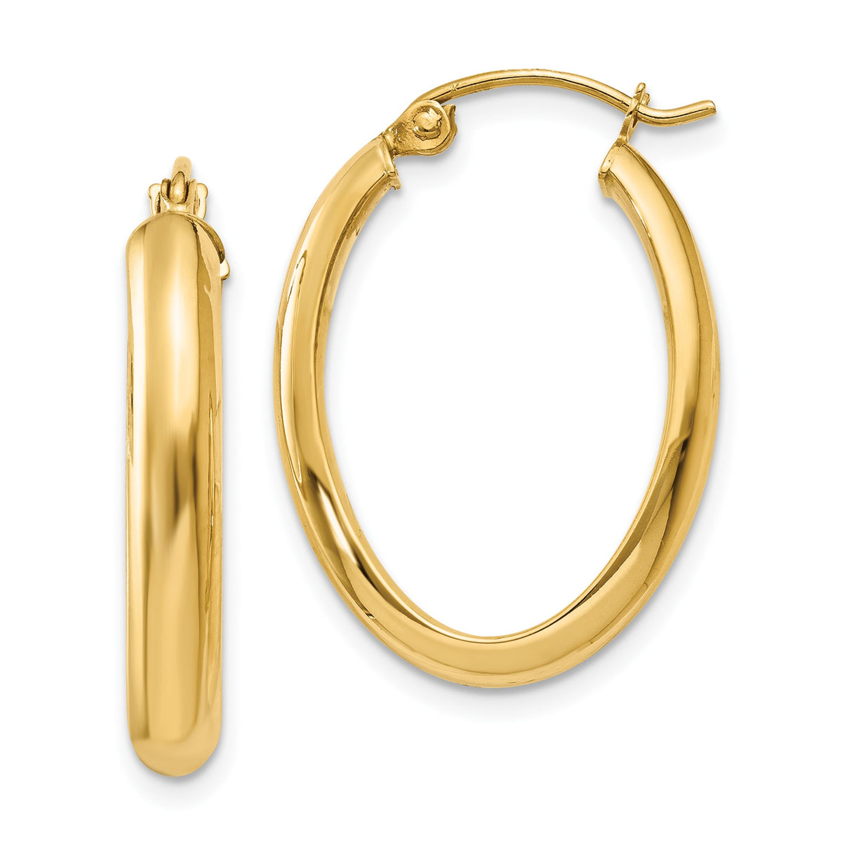 14k Yellow Gold Oval Hoop Earrings with Hinged Closure, Polished Finish, Lightweight Design
