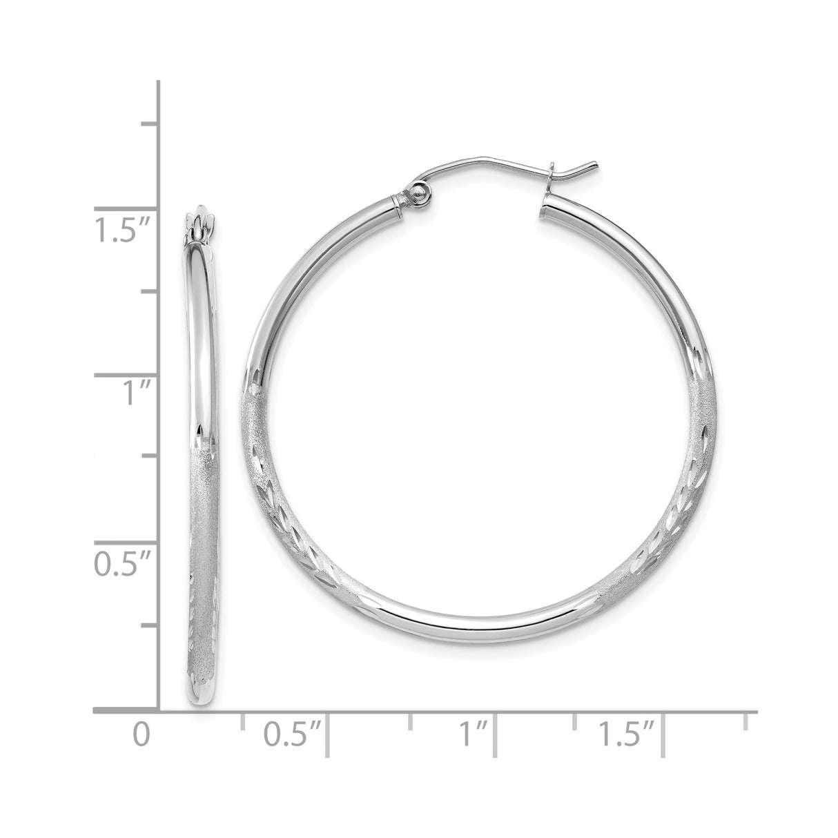 14k White Gold Hoop Earrings, Diamond Cut Textured Medium Hoops with Polished Finish