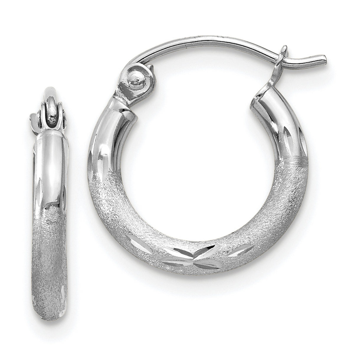 14k White Gold Hoop Earrings, Textured Design with Diamond-Cut Accents, Lightweight Polished Finish