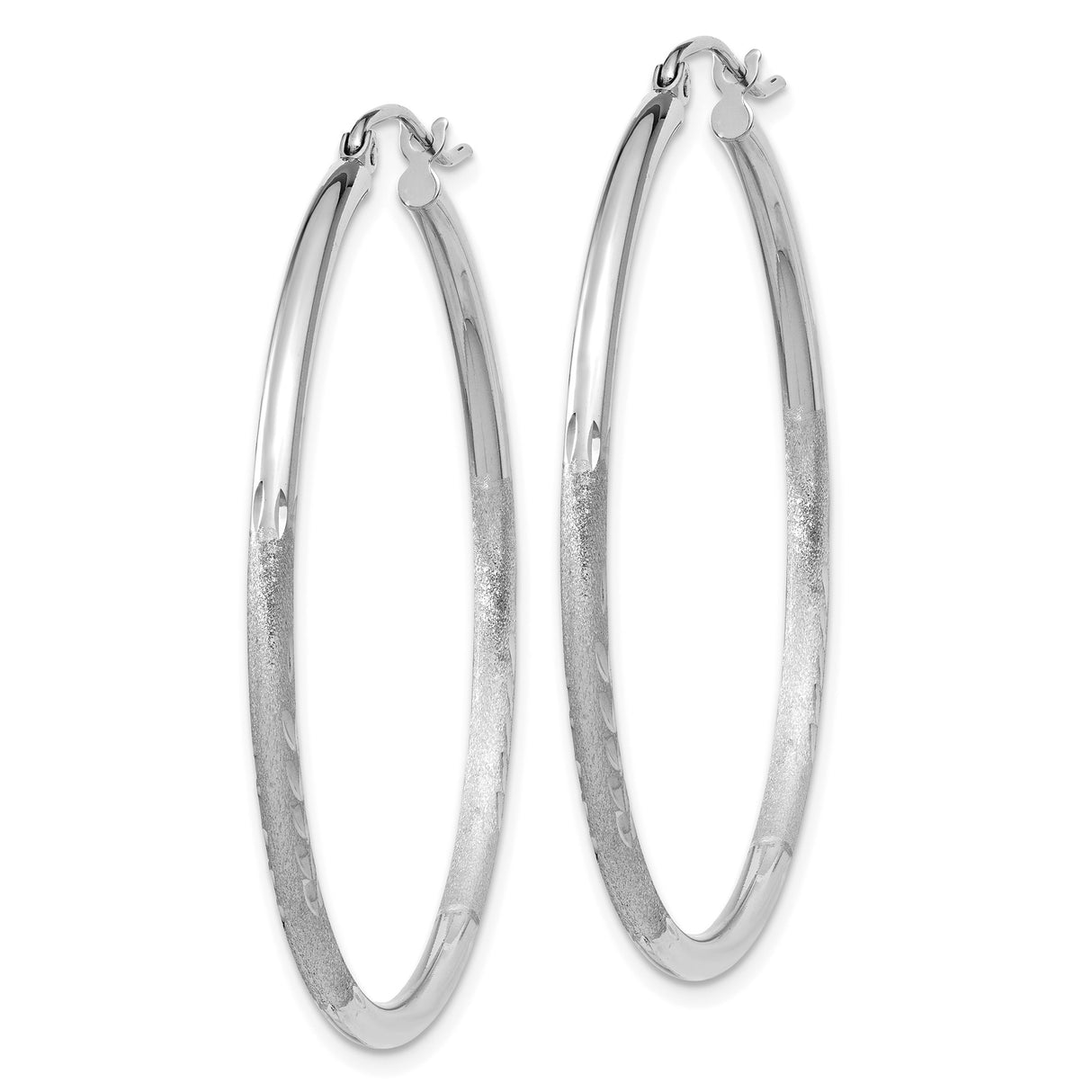 14k White Gold Hoop Earrings, Textured Diamond Cut Design with Polished Finish