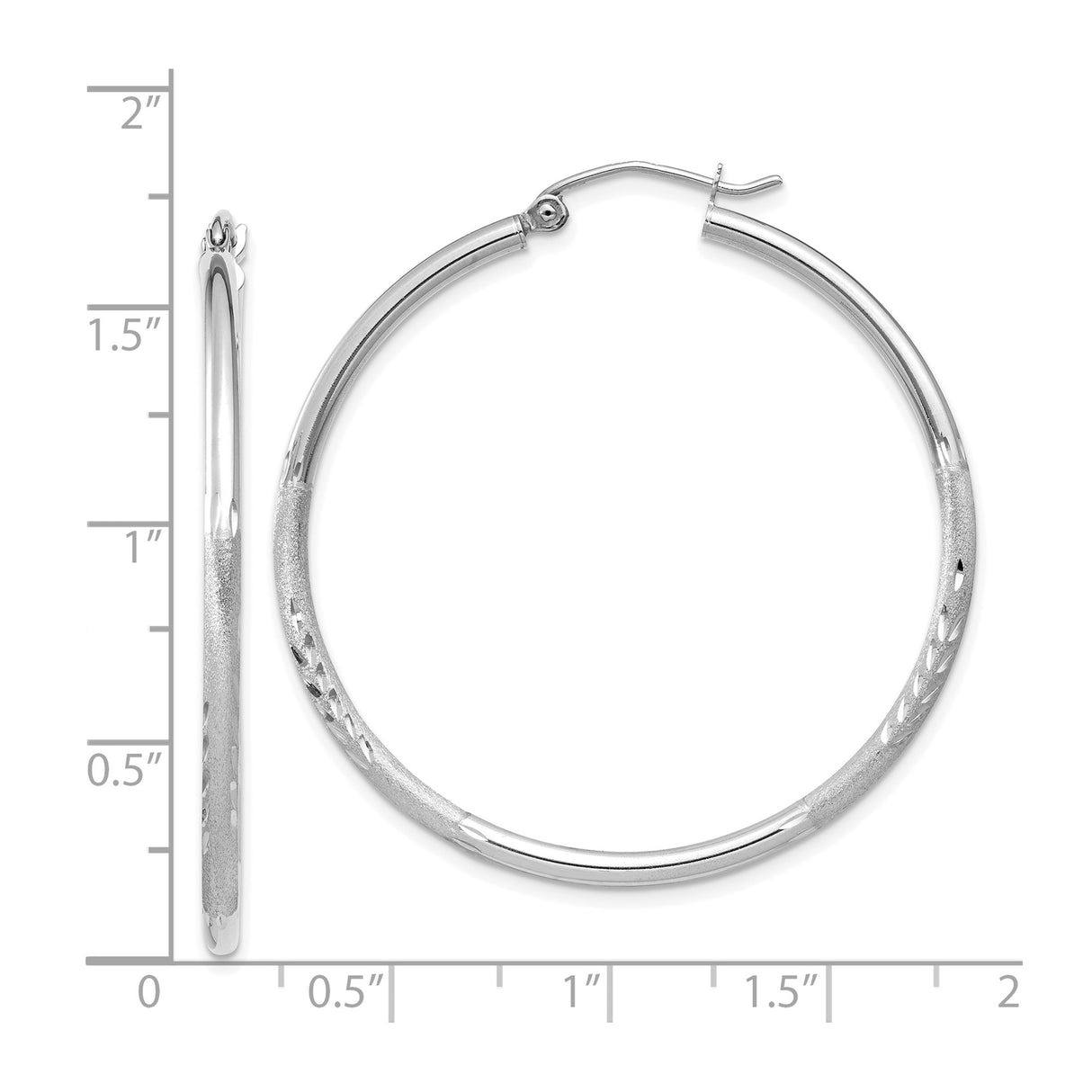 14k White Gold Hoop Earrings, Textured Diamond Cut Design with Polished Finish