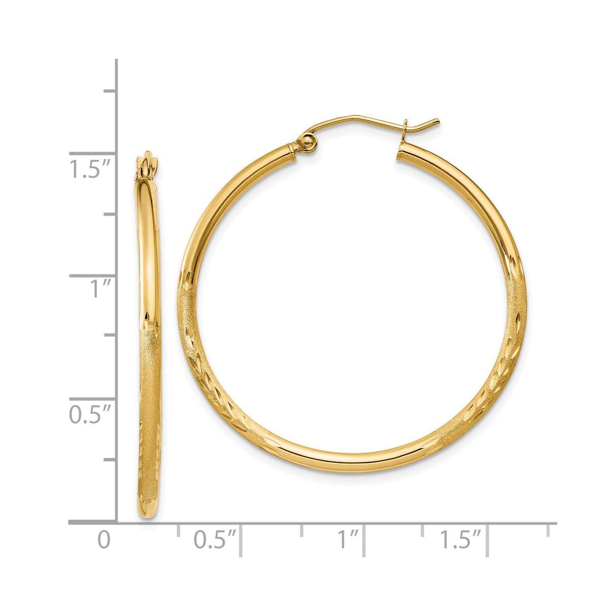14k Yellow Gold Hoop Earrings, Textured Diamond-Cut with Satin Finish, Lightweight Round Design