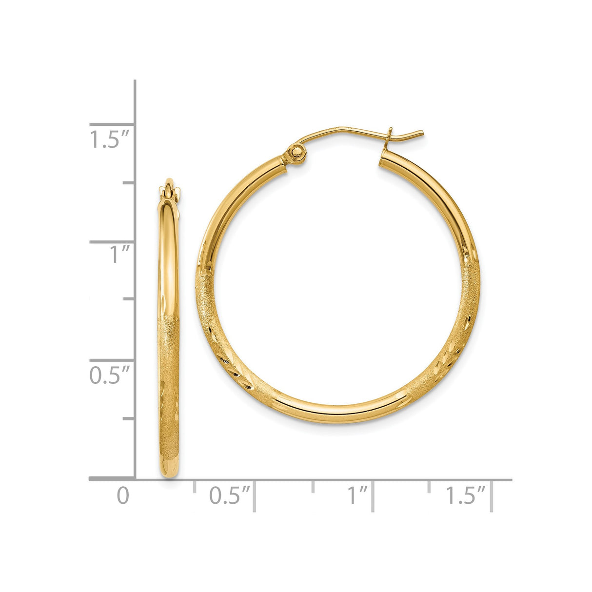 14k Yellow Gold Hoop Earrings with Polished and Textured Diamond Cut Finish
