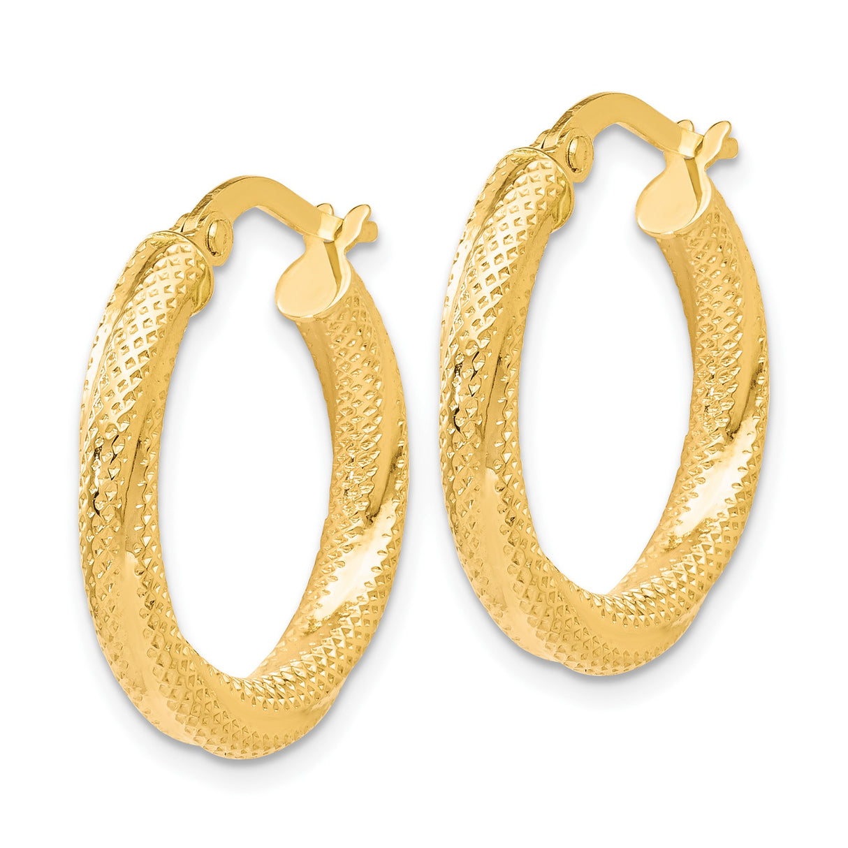 10k Yellow Gold Hoop Earrings, Twisted Diamond Cut Design, Lightweight Polished Hinged Style