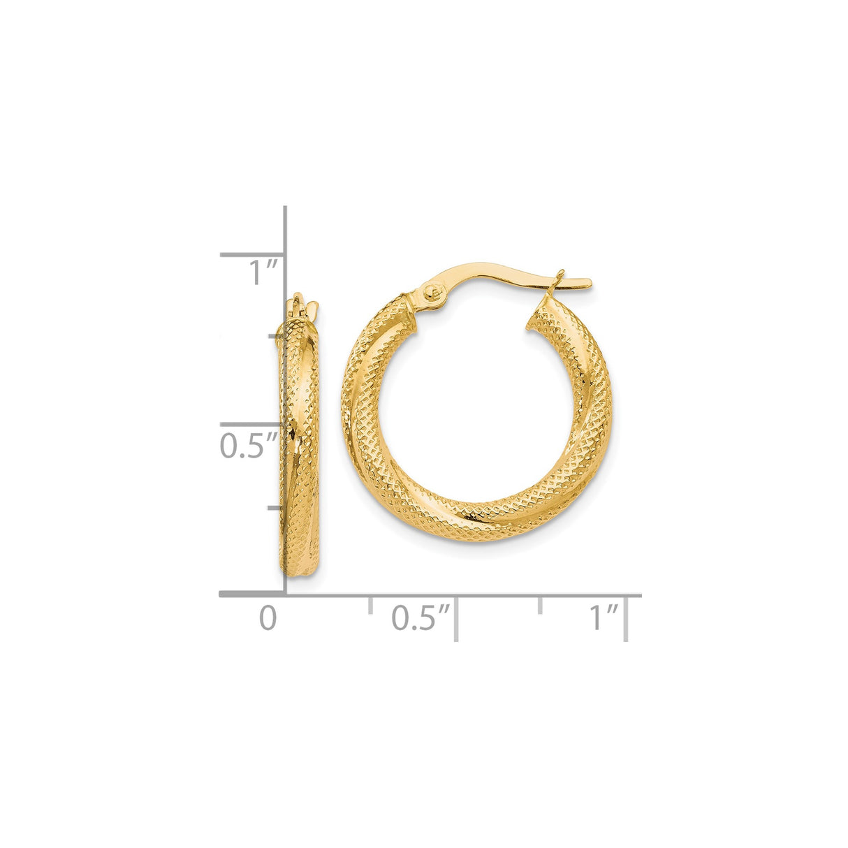 10k Yellow Gold Hoop Earrings, Twisted Diamond Cut Design, Lightweight Polished Hinged Style