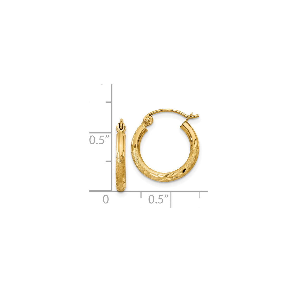 14k Yellow Gold Hoop Earrings with Diamond Cut Leaf Design, Textured and Polished Finish