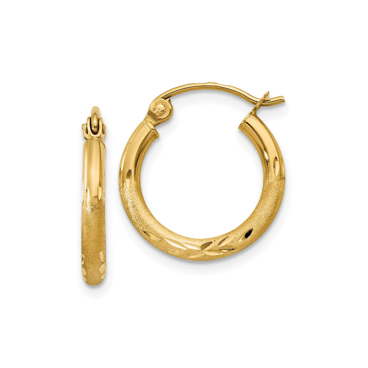 14k Yellow Gold Hoop Earrings with Diamond Cut Leaf Design, Textured and Polished Finish