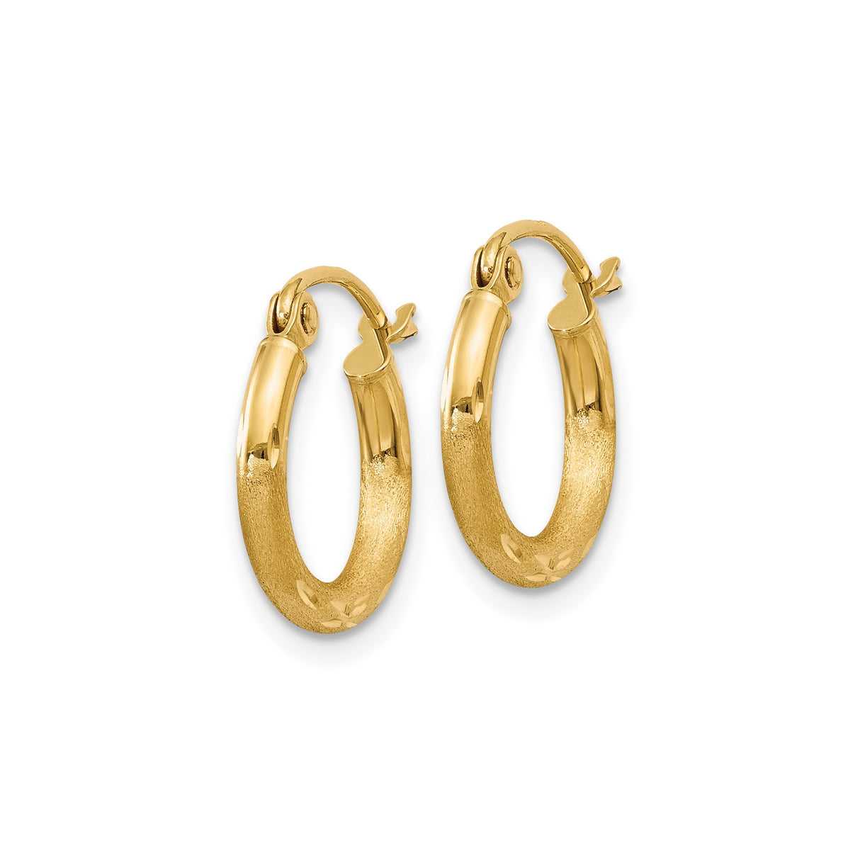 14k Yellow Gold Hoop Earrings, Diamond Cut Textured Round Hoops with Polished Finish