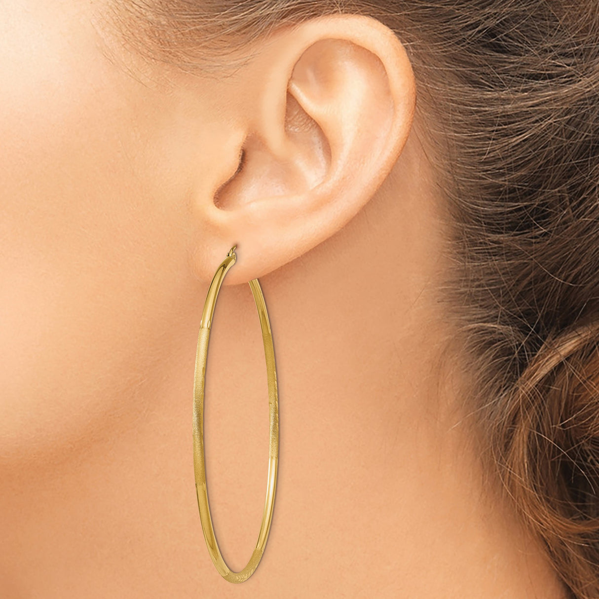 14k Yellow Gold Hoop Earrings with Polished Textured Finish and Leaf Detail for Women