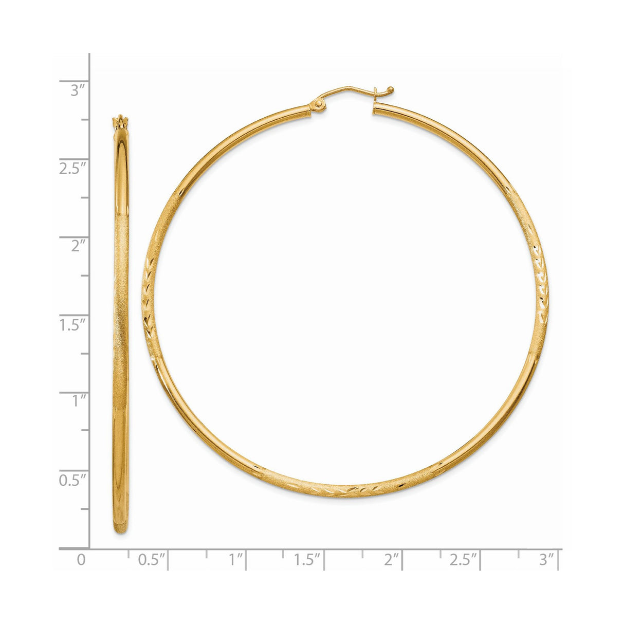 14k Yellow Gold Hoop Earrings with Polished Textured Finish and Leaf Detail for Women