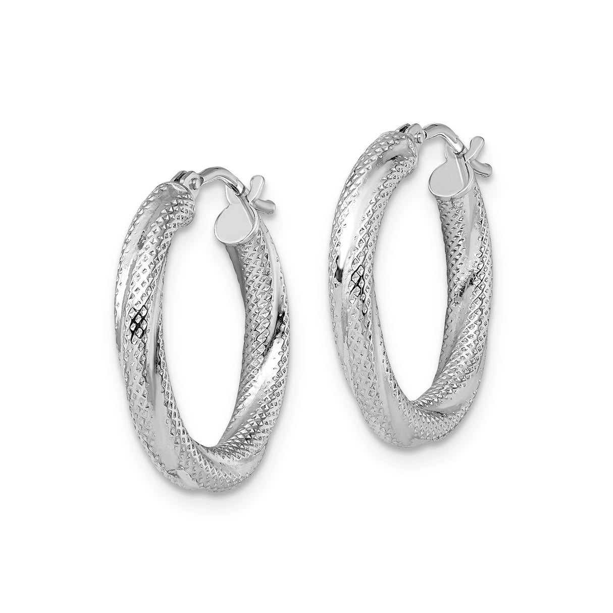 10k White Gold Hoop Earrings with Polished Twist and Diamond Cut Texture for Women