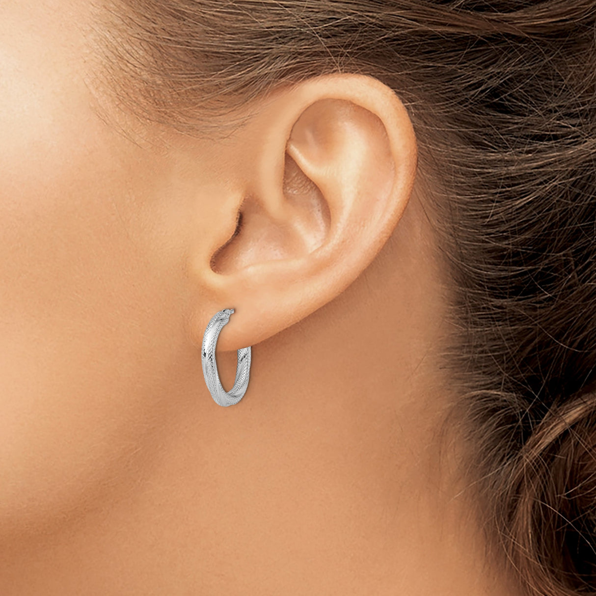 10k White Gold Hoop Earrings with Polished Twist and Diamond Cut Texture for Women