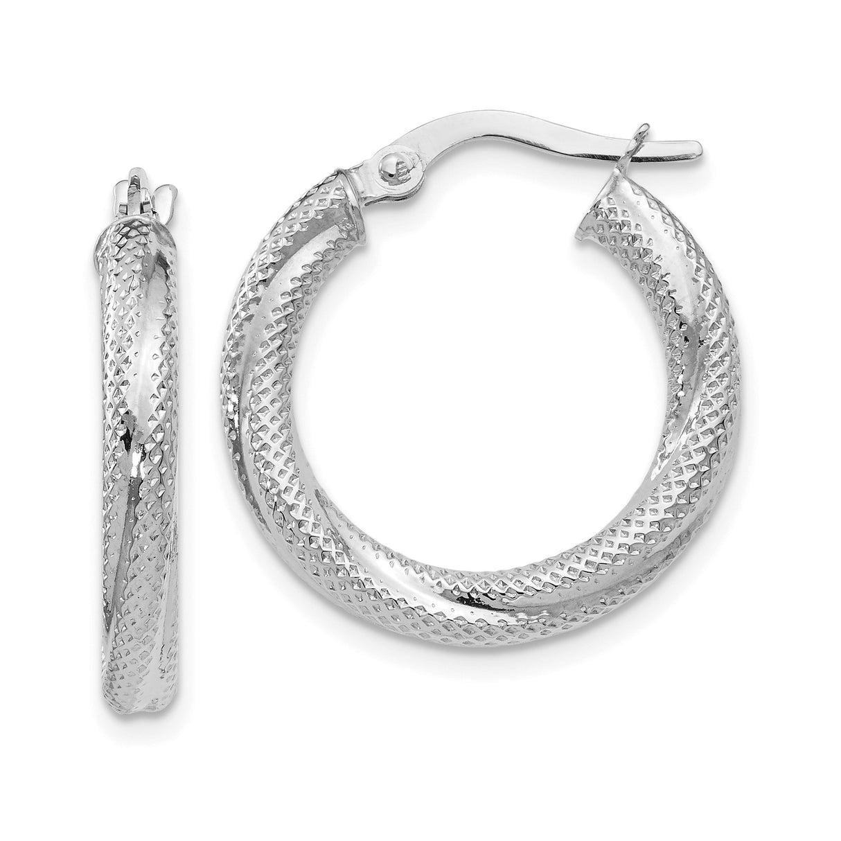 10k White Gold Hoop Earrings with Polished Twist and Diamond Cut Texture for Women