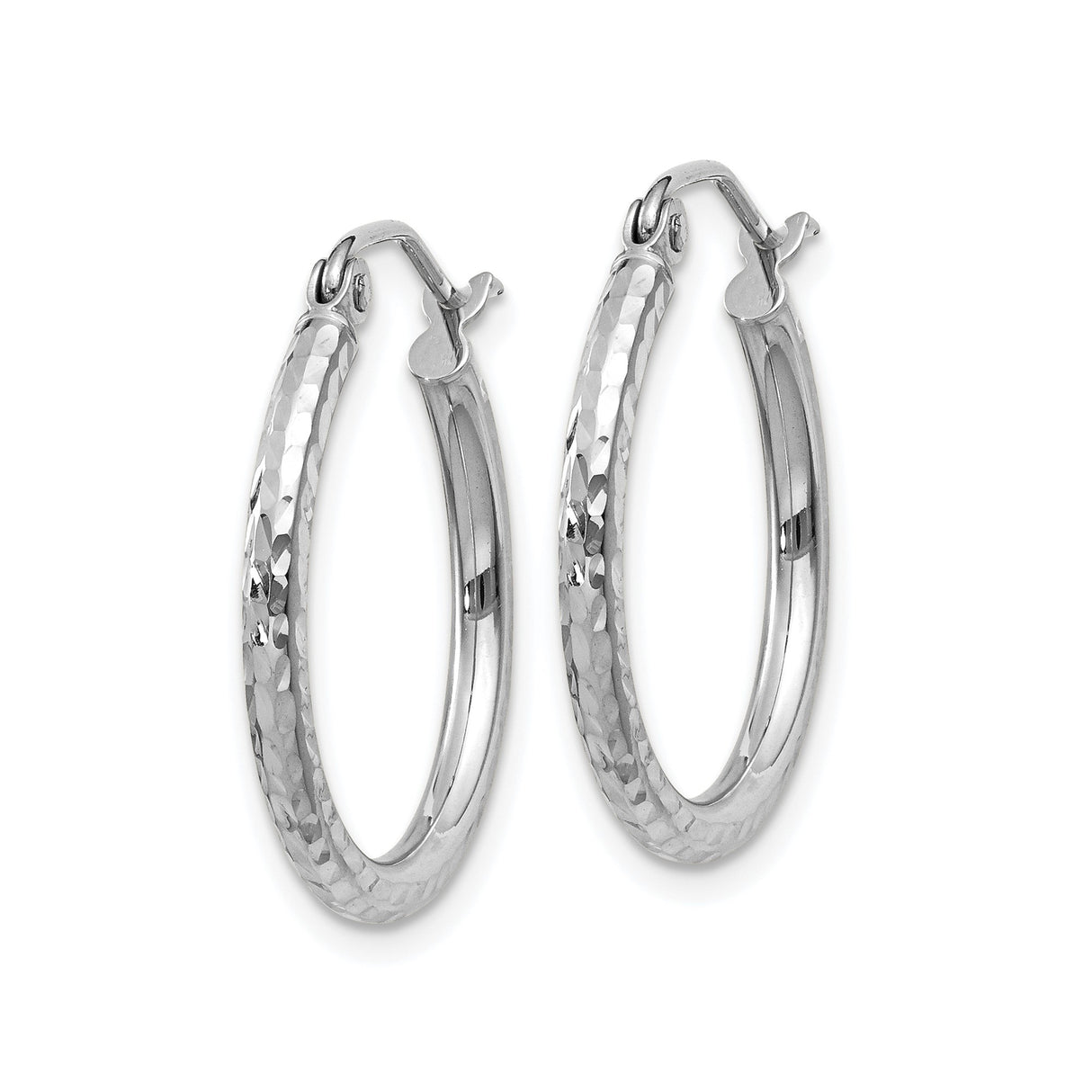 14k White Gold Hoop Earrings, Hammered Textured Lightweight Design for Women