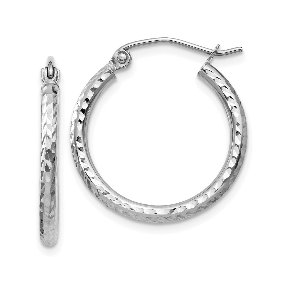 14k White Gold Hoop Earrings, Hammered Textured Lightweight Design for Women