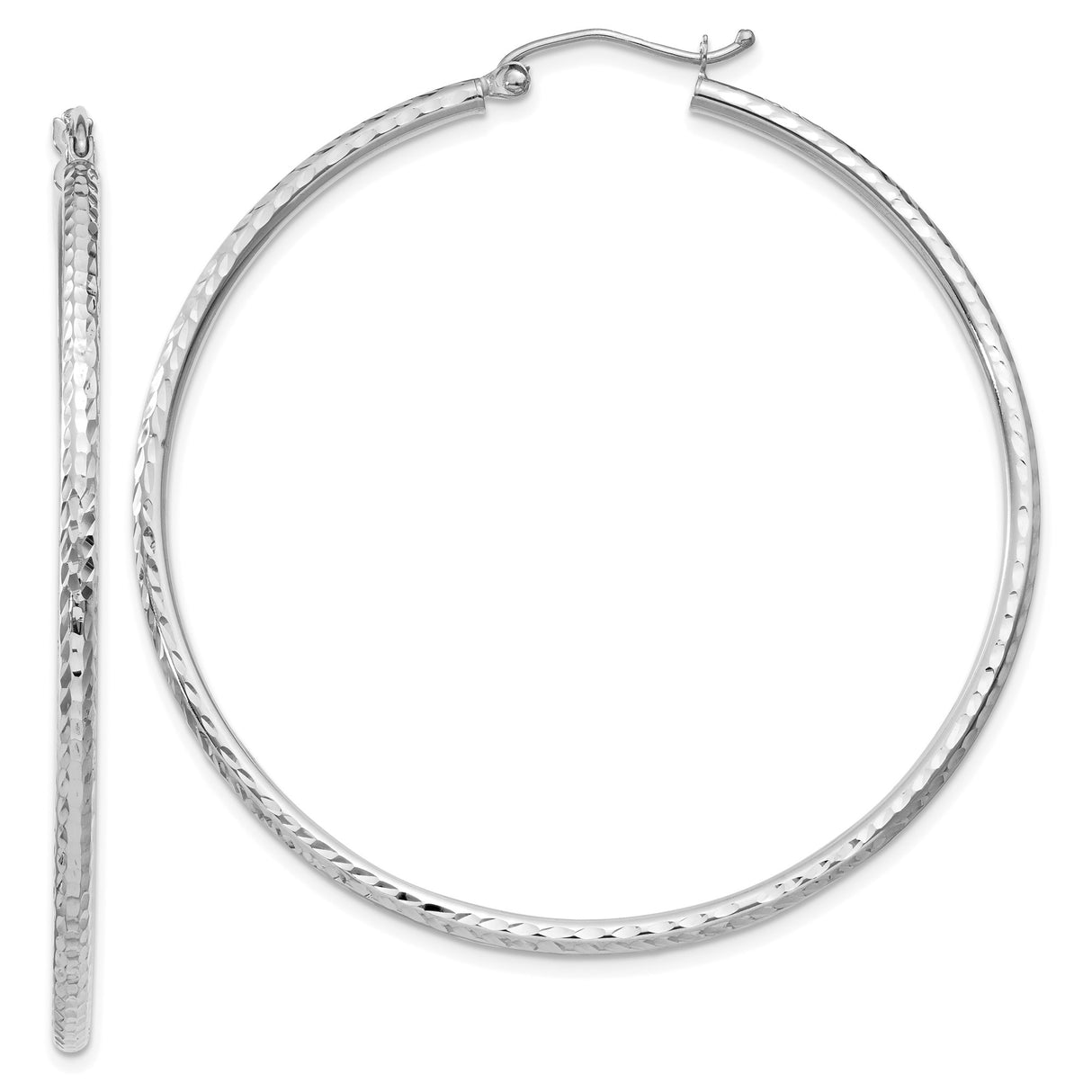 14k White Gold Hoop Earrings, Large Lightweight Round with Diamond Cut Textured Finish
