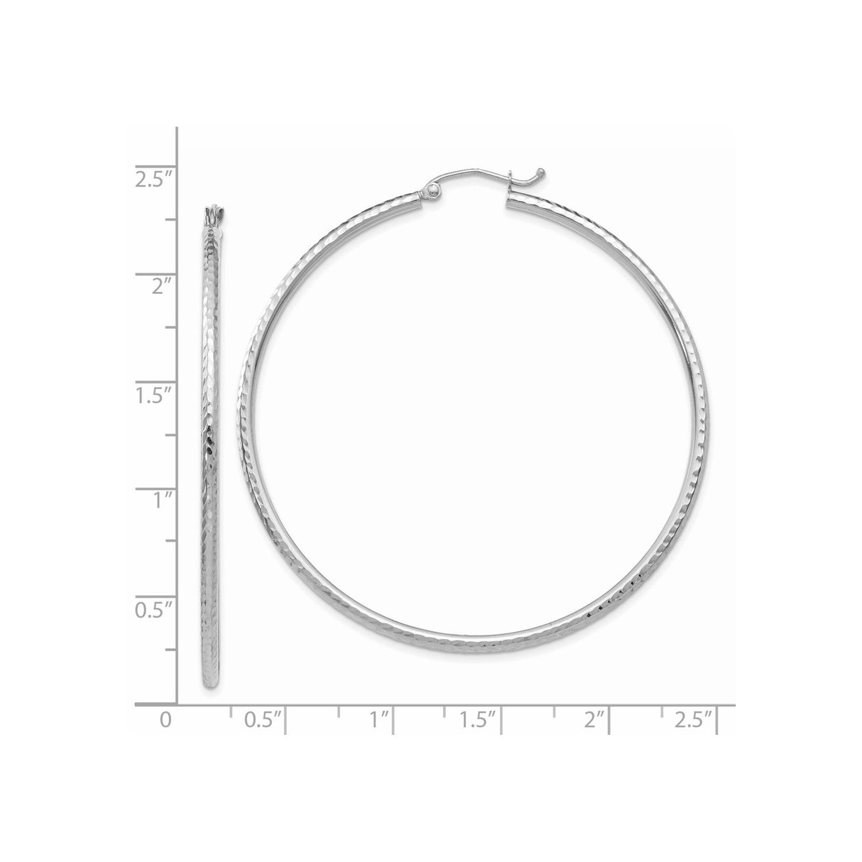 14k White Gold Hoop Earrings with Hammered Finish, Textured Round Design, Latch Back Closure