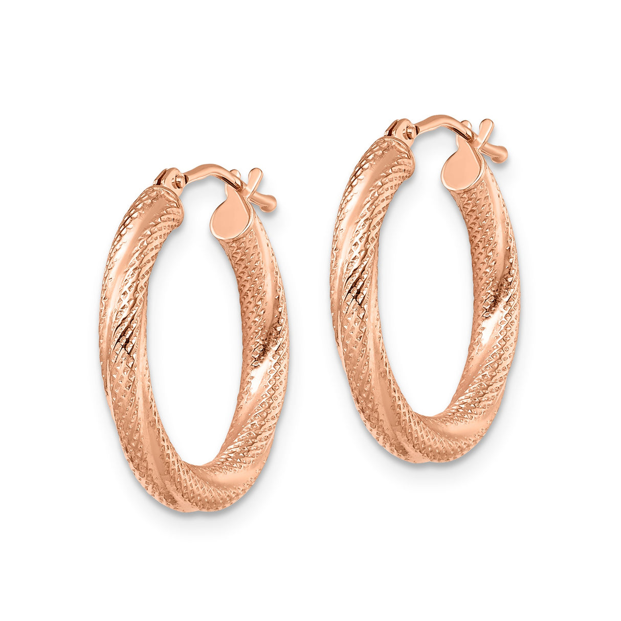 10k Rose Gold Hoop Earrings, Diamond-Cut Textured Round Design, Latch-Back Closure