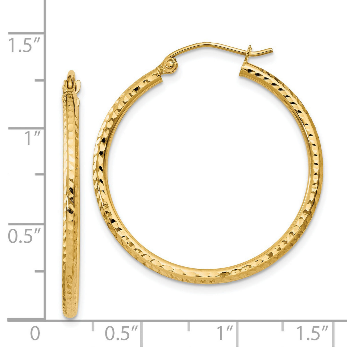 14k Yellow Gold Hoop Earrings, Hammered and Polished Finish, Lightweight Classic Style for Women