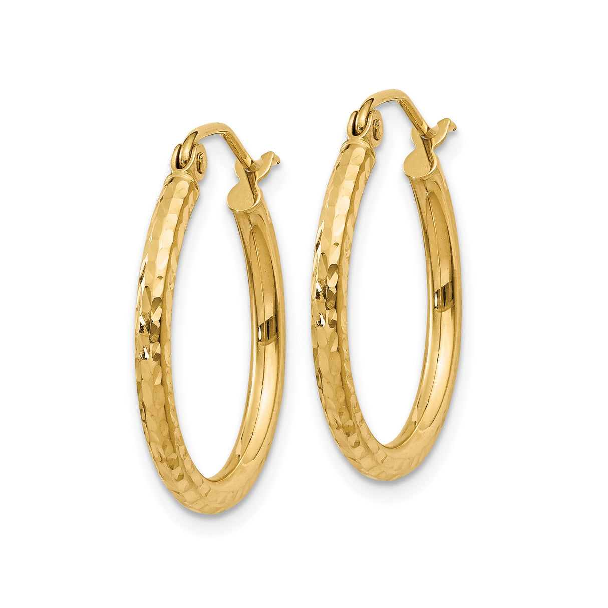 14k Yellow Gold Hoop Earrings, Hammered and Polished Textured Finish, Medium Size, Latch Back Closure