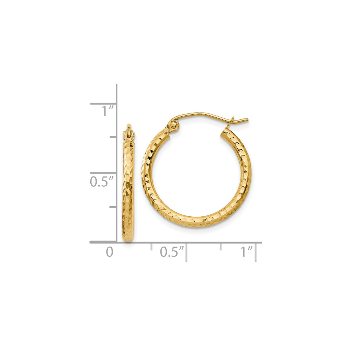 14k Yellow Gold Hoop Earrings, Hammered and Polished Textured Finish, Medium Size, Latch Back Closure