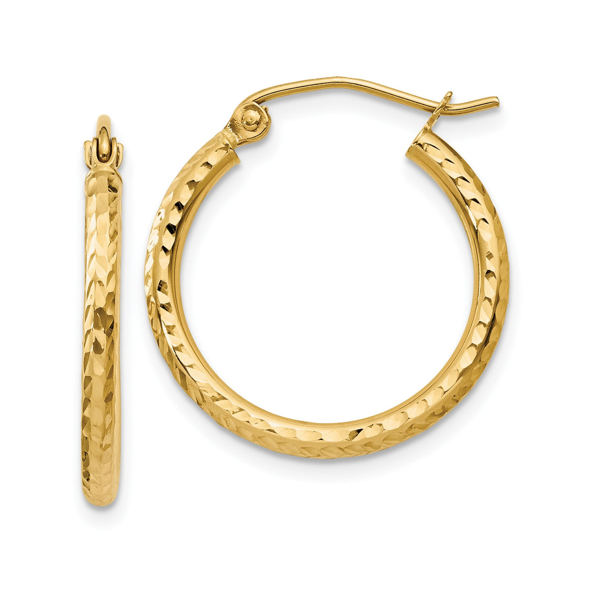 14k Yellow Gold Hoop Earrings, Hammered and Polished Textured Finish, Medium Size, Latch Back Closure