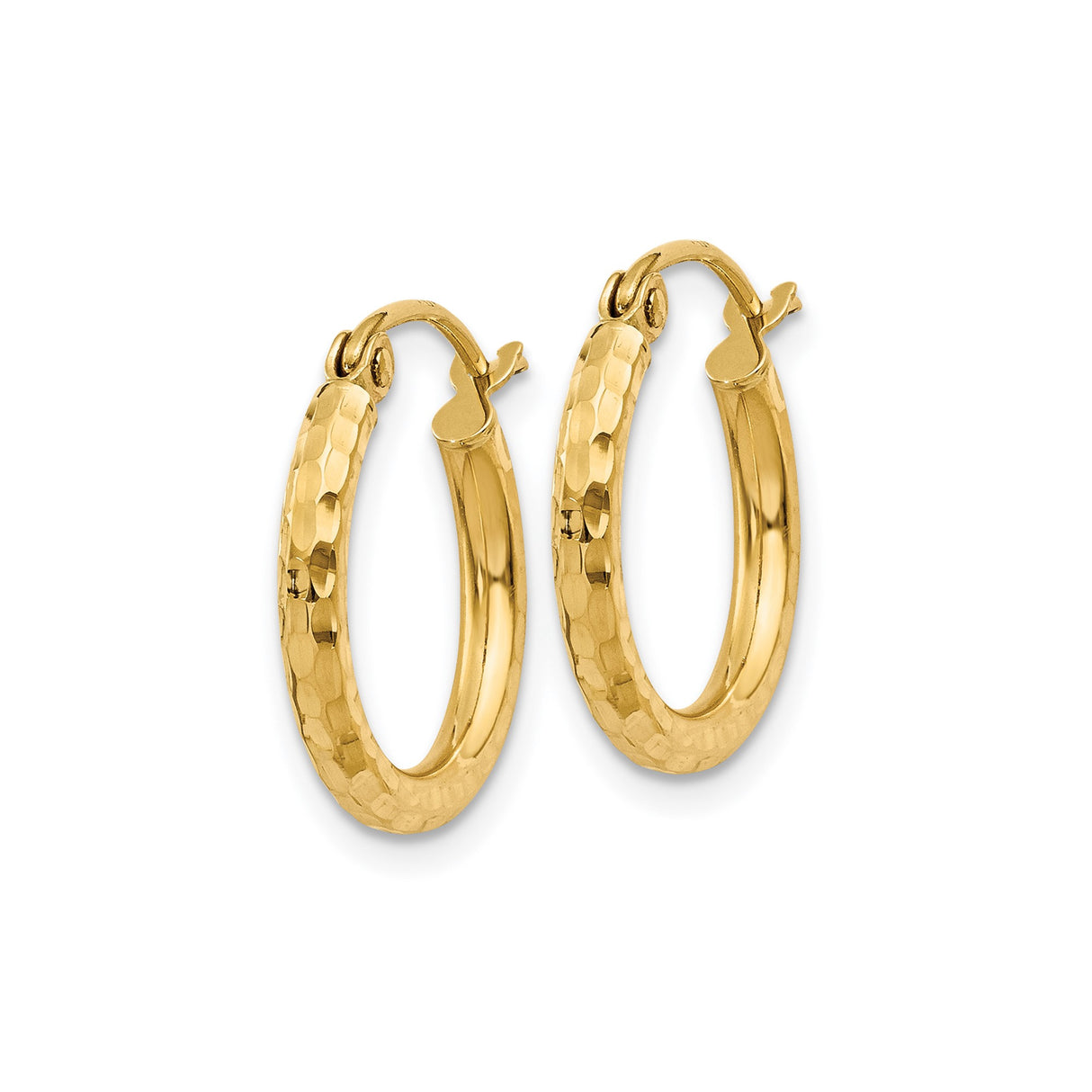 14k Yellow Gold Hoop Earrings, Hammered Texture Round Hoops with High Polish Finish