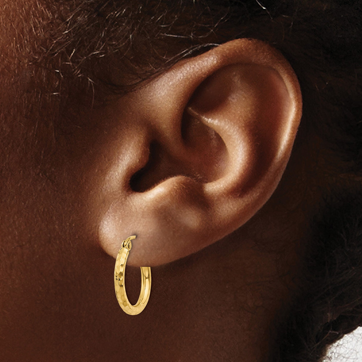 14k Yellow Gold Hoop Earrings, Hammered Texture Round Hoops with High Polish Finish
