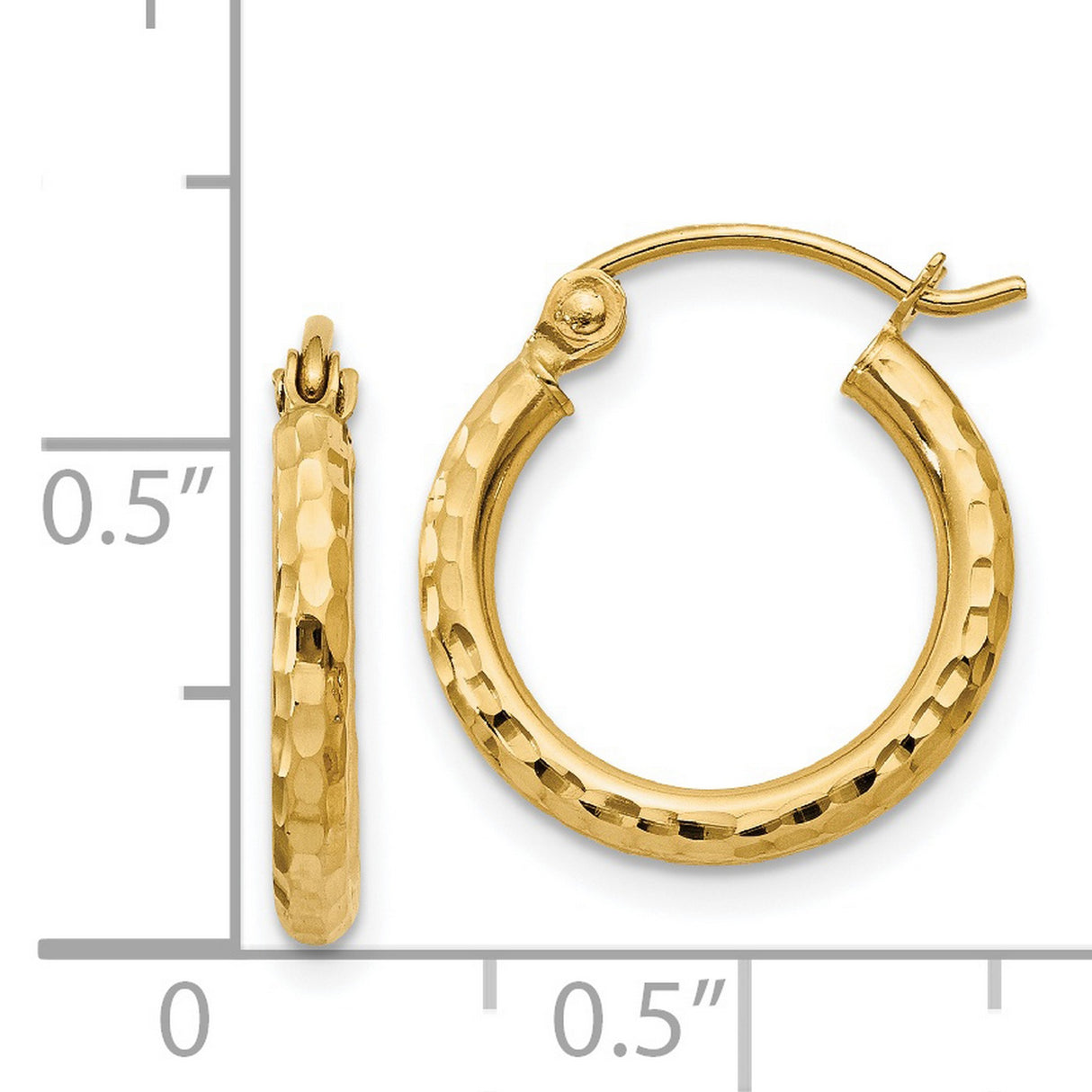 14k Yellow Gold Hoop Earrings, Hammered Texture Round Hoops with High Polish Finish
