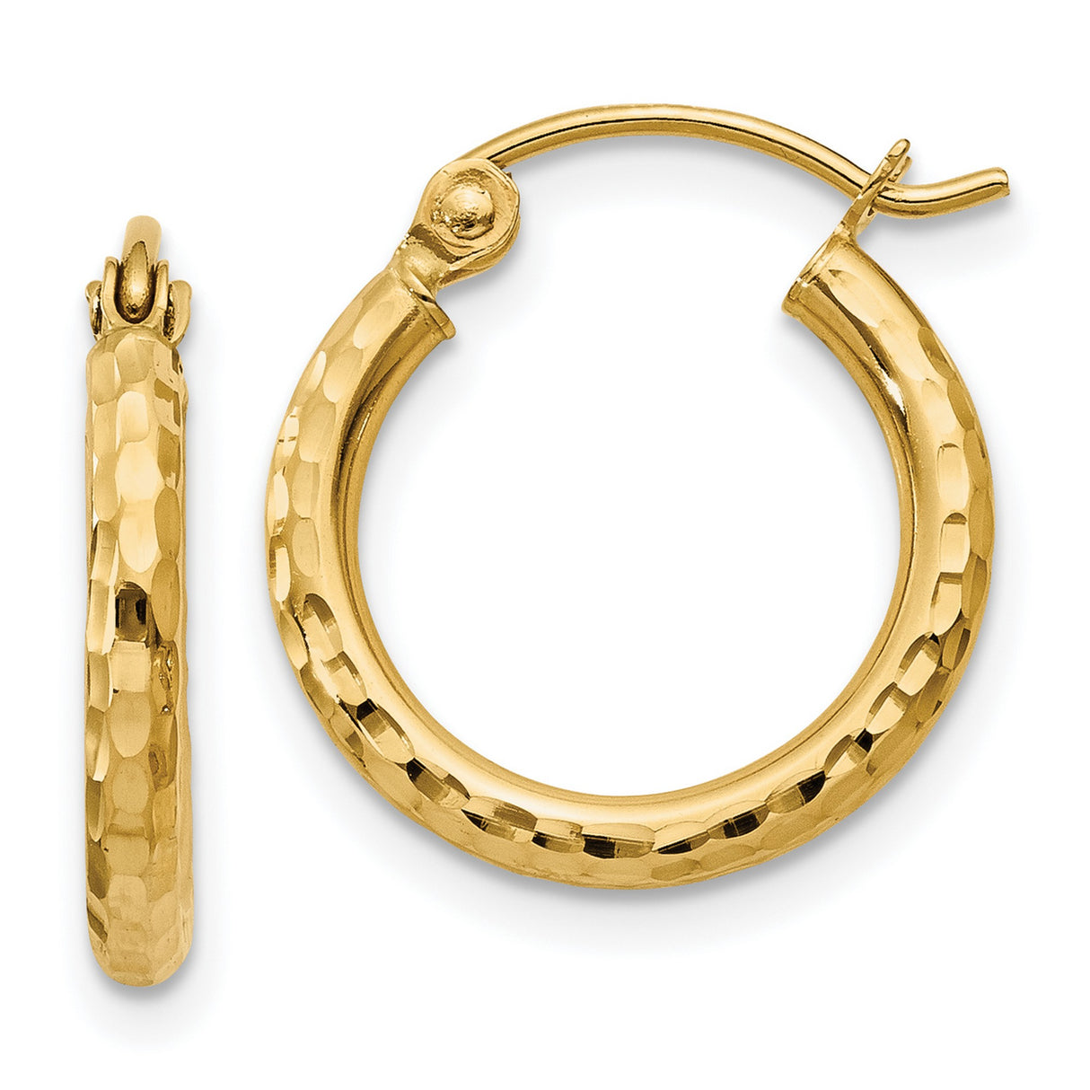 14k Yellow Gold Hoop Earrings, Hammered Texture Round Hoops with High Polish Finish