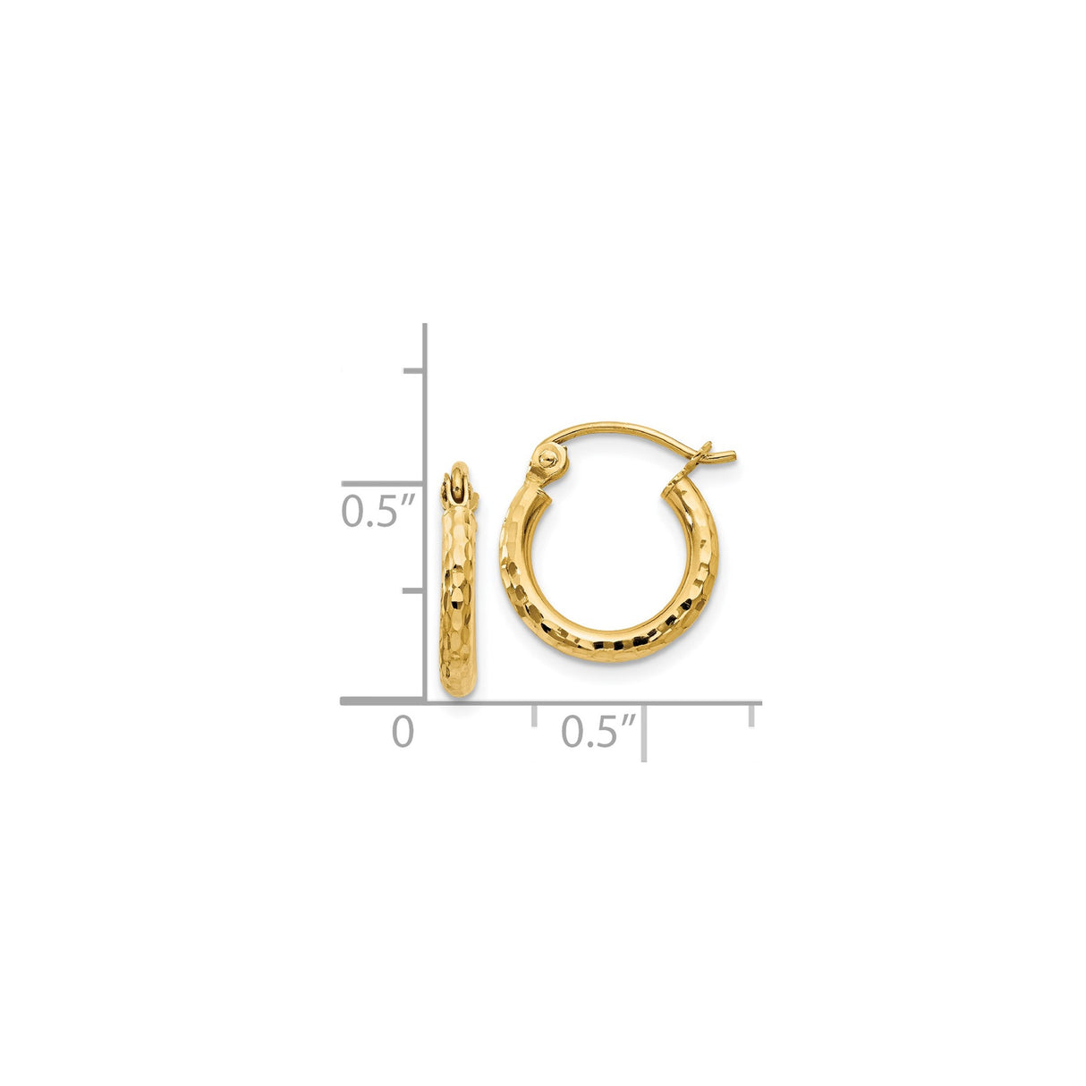 14k Yellow Gold Hoop Earrings, Hammered Texture with Polished Finish, Classic Round Design