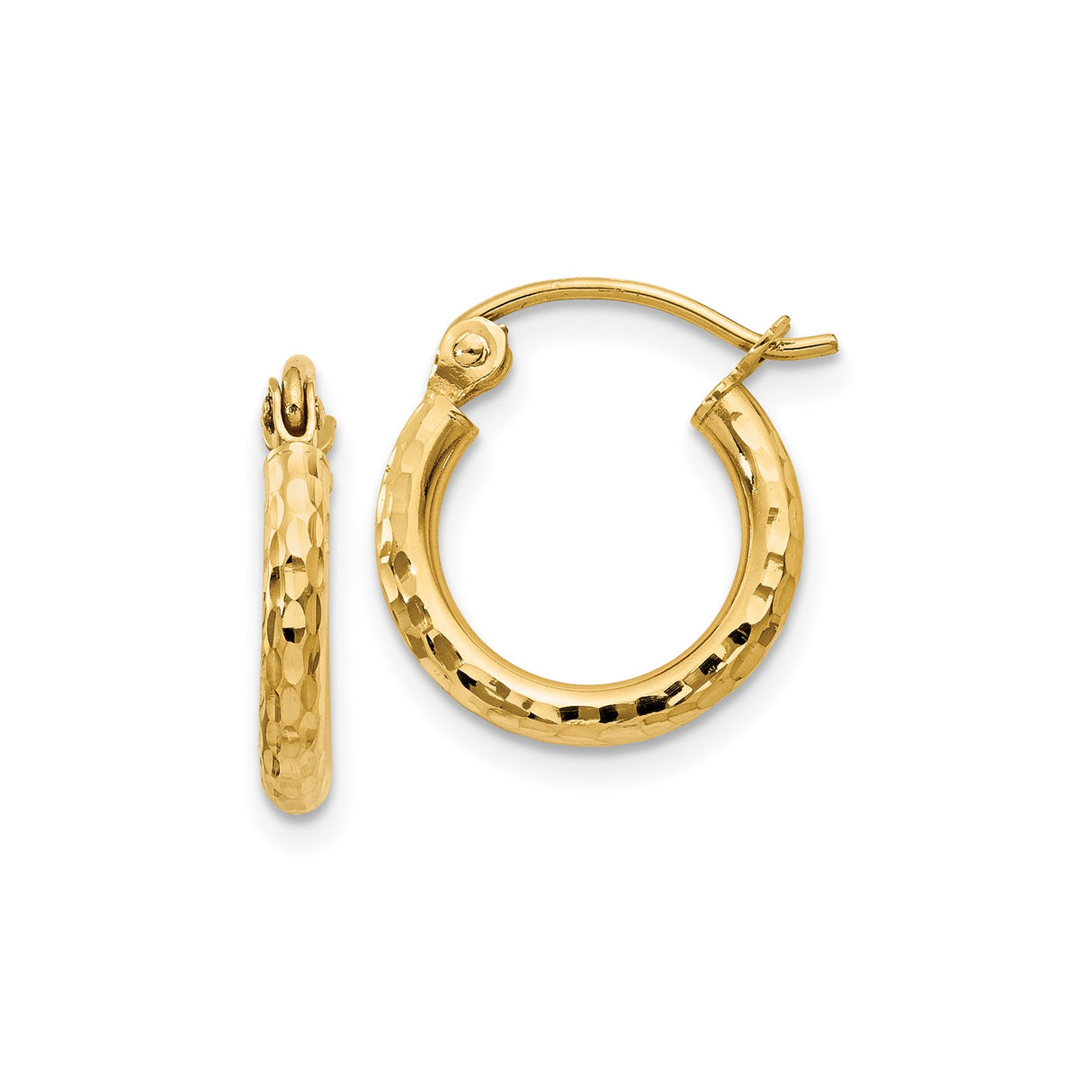 14k Yellow Gold Hoop Earrings, Hammered Texture with Polished Finish, Classic Round Design