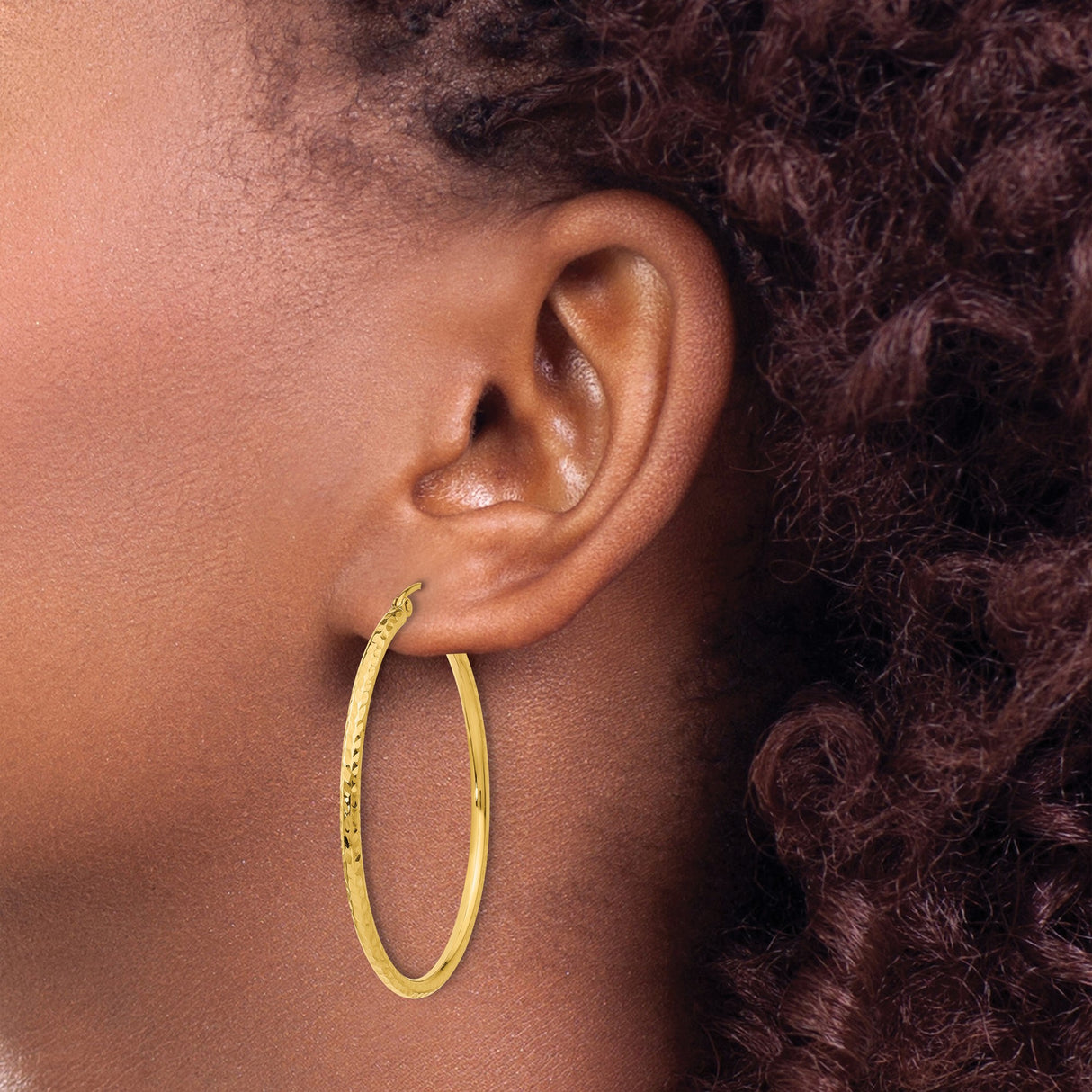 14k Yellow Gold Hoop Earrings with Hammered Texture, Lightweight Polished Medium Hoops for Women