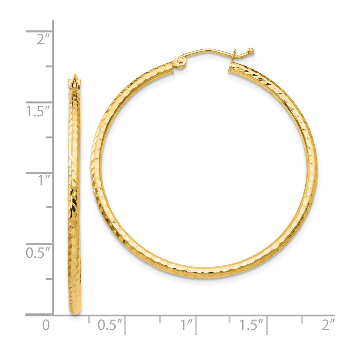 14k Yellow Gold Hoop Earrings with Hammered Texture, Lightweight Polished Medium Hoops for Women