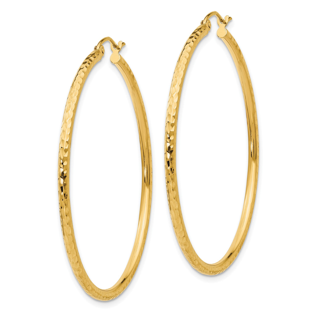 14k Yellow Gold Hoop Earrings, Large Hammered Round Design, Lightweight Polished Finish