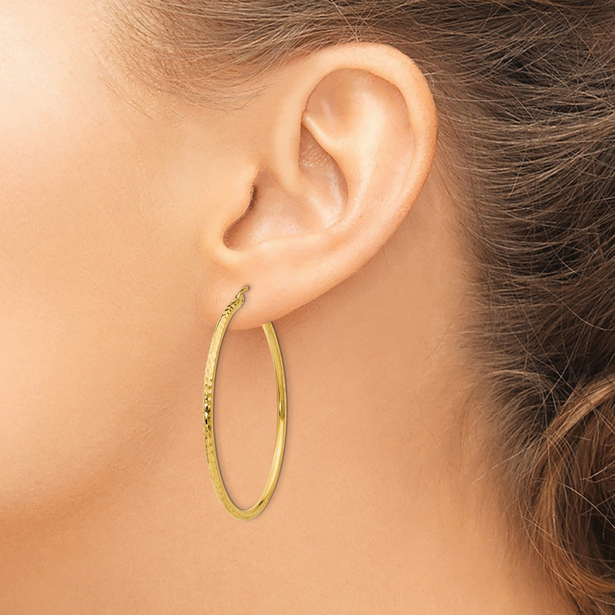 14k Yellow Gold Hoop Earrings, Large Hammered Round Design, Lightweight Polished Finish