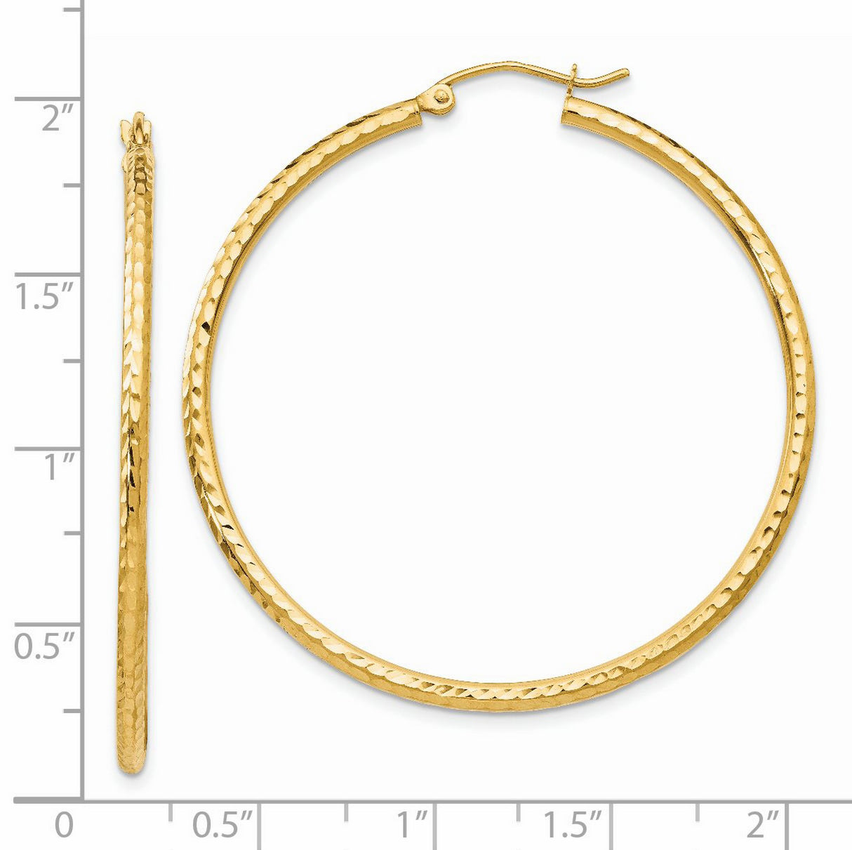 14k Yellow Gold Hoop Earrings, Large Hammered Round Design, Lightweight Polished Finish