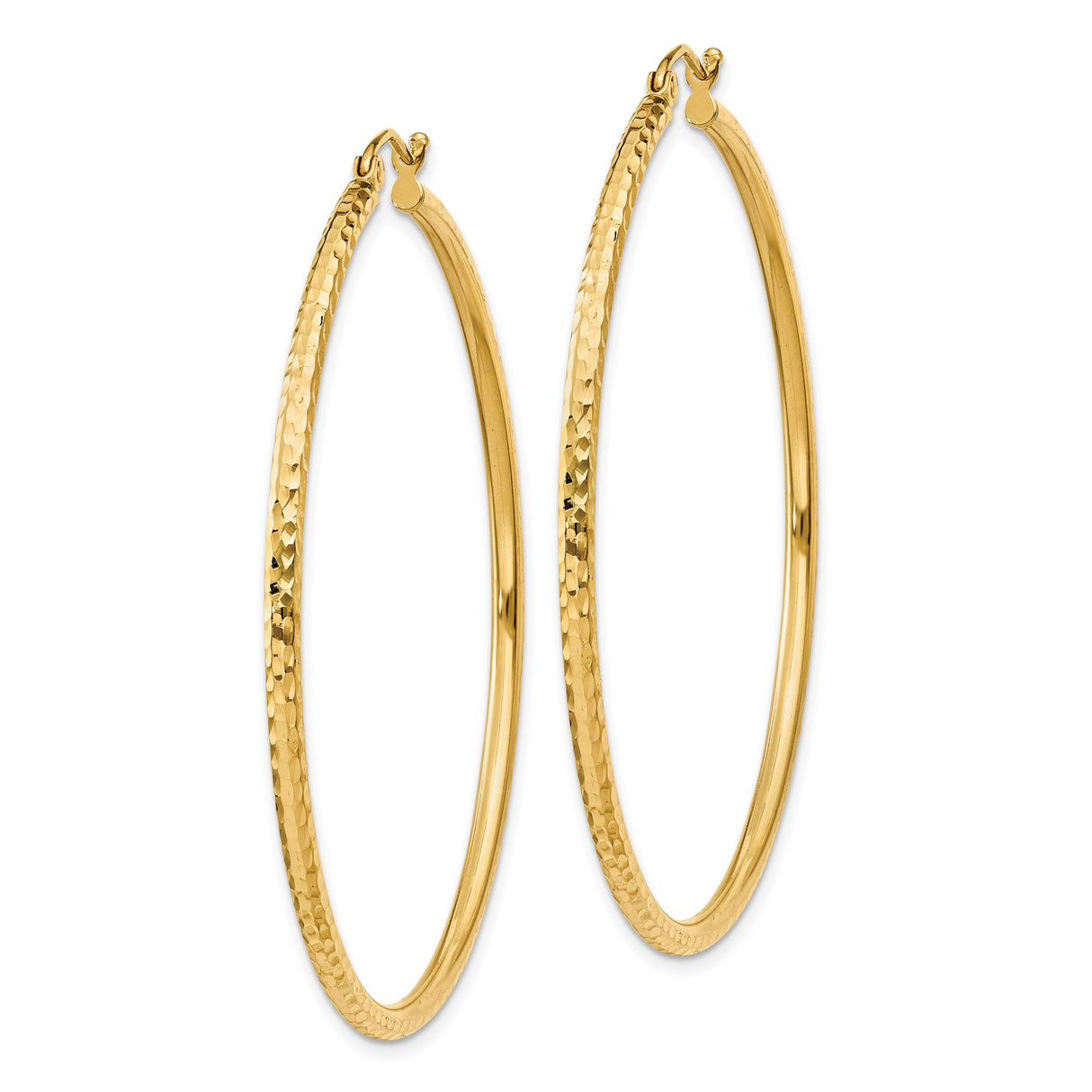 14k Yellow Gold Hoop Earrings, Large Lightweight Round with Diamond Cut Textured Finish