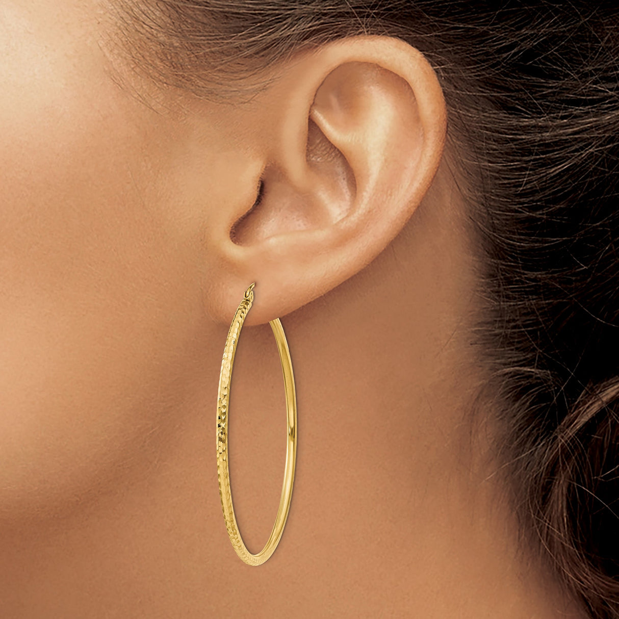 14k Yellow Gold Hoop Earrings, Large Lightweight Round with Diamond Cut Textured Finish