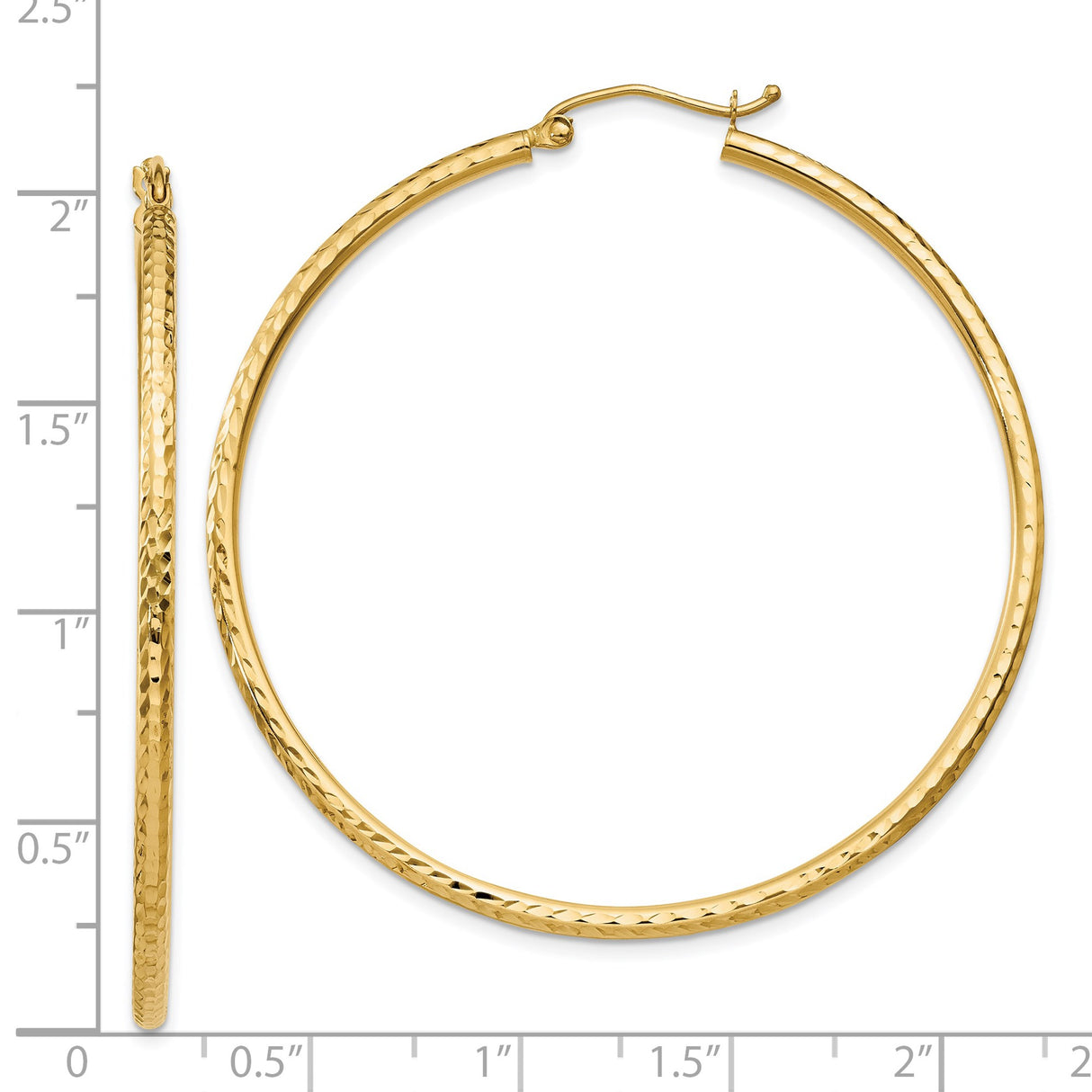 14k Yellow Gold Hoop Earrings, Large Lightweight Round with Diamond Cut Textured Finish