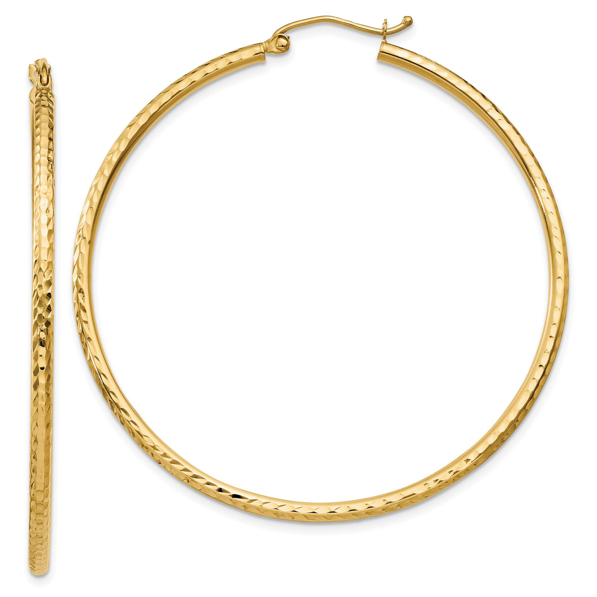 14k Yellow Gold Hoop Earrings, Large Lightweight Round with Diamond Cut Textured Finish