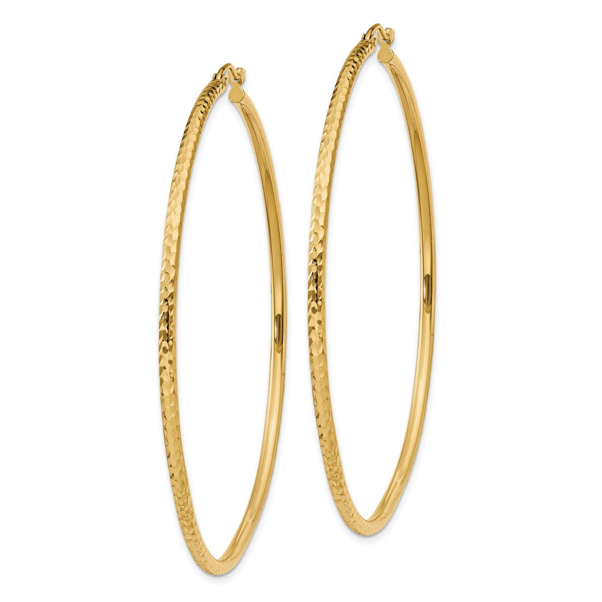 14k Yellow Gold Hoop Earrings, Large Round Diamond Cut Textured Design, Lightweight for Women